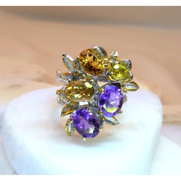 Citrine Amethyst Sterling Silver Cocktail Ring Botanical Vines Size 7.5 - Picture 4 of 8